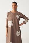 Three_Brown Poplin Embroidery Split V-neck Floral Back Pleat Tunic _at_Aza_Fashions