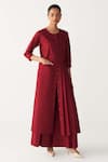 Buy_Three_Red Poplin Round Neck Madder Front Pleat Jacket Tunic _at_Aza_Fashions