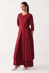 Three_Red Poplin Round Neck Madder Front Pleat Jacket Tunic _Online_at_Aza_Fashions