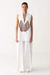 Buy_Three_White Poplin Embroidery V-neck Floral Patch Fringe Waistcoat _at_Aza_Fashions