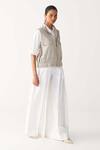 Three_Beige Handloom Cotton Embroidery High Neck Sleeveless Pocket Bomber _at_Aza_Fashions