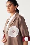 Three_Brown Poplin Applique Collared Floral Patch Jacket _at_Aza_Fashions