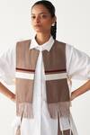 Buy_Three_Brown Poplin Fringe Collared Crop Overlay _at_Aza_Fashions
