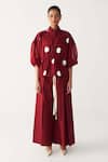 Shop_Three_Red Poplin Inverted Box Pleat Pant _Online_at_Aza_Fashions