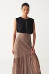 Three_Brown Georgette, Poplin Cedar Sheer Panel Skirt _at_Aza_Fashions