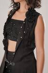 Atbw_Black Modal, Satin Embroidery, Pearls Open Neck Sleeveless Trench Jacket _at_Aza_Fashions