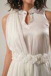 Atbw_White Modal Pearls, Fabric Flowers Mandarin High-slit Satin Kurta With Belt _at_Aza_Fashions