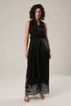 Buy_Atbw_Black Modal, Satin Pearls, Fabric Flowers Mandarin Collar, High-slit Kurta _at_Aza_Fashions