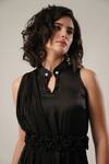 Shop_Atbw_Black Modal, Satin Pearls, Fabric Flowers Mandarin Collar, High-slit Kurta _Online_at_Aza_Fashions