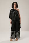 Buy_Atbw_Black Modal, Satin Embroidery, Applique, Pearls Off-shoulder Asymmetric Top _Online_at_Aza_Fashions