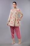 Buy_Gopi Vaid_Beige Cotton Embroidery Split V-neck Floral Anarkali With Pink Salwar Set _at_Aza_Fashions