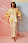 Buy_Rainas_Yellow Cotton, Linen Pearls Round Neck Sunlight Blossom Set _at_Aza_Fashions