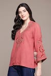 Buy_Ritu Kumar_Pink Cotton Embroidery V-neck Inlay Short Kurta _at_Aza_Fashions