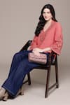 Shop_Ritu Kumar_Pink Cotton Embroidery V-neck Inlay Short Kurta _Online_at_Aza_Fashions