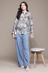 Ritu Kumar_Blue Cotton, Silk Shawl Neck, Collared Calabria Printed Shirt _at_Aza_Fashions