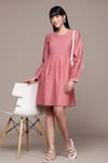 Ritu Kumar_Pink Viscose, Cotton Embroidery Round Neck Essential-label Short Dress _at_Aza_Fashions