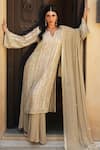 Buy_Shian_Beige Georgette Sequins, Embroidery Split V-neck Kurta Set _at_Aza_Fashions