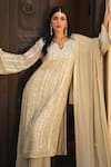 Shop_Shian_Beige Georgette Sequins, Embroidery Split V-neck Kurta Set _Online_at_Aza_Fashions