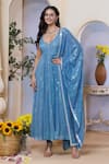 Label Priyanka Kar_Teal Georgette Sequins V-neck Blue Anarkali Set _Online_at_Aza_Fashions