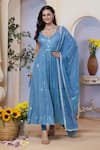 Buy_Label Priyanka Kar_Teal Georgette Sequins V-neck Blue Anarkali Set _at_Aza_Fashions