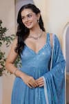 Buy_Label Priyanka Kar_Teal Georgette Sequins V-neck Blue Anarkali Set _Online_at_Aza_Fashions