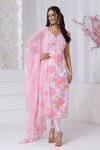 Label Priyanka Kar_Pink Crepe Embroidery V-neck Hand Kurta Set _Online_at_Aza_Fashions