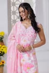 Label Priyanka Kar_Pink Crepe Embroidery V-neck Hand Kurta Set _at_Aza_Fashions