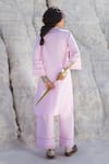 Shop_Karaj Jaipur_Rose Gold Cotton Lace Split V-neck Pink Work Kurta And Pant Set _at_Aza_Fashions