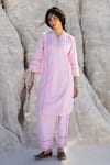 Buy_Karaj Jaipur_Rose Gold Cotton Lace Split V-neck Pink Work Kurta And Pant Set _at_Aza_Fashions