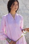 Buy_Karaj Jaipur_Rose Gold Cotton Lace Split V-neck Pink Work Kurta And Pant Set _Online_at_Aza_Fashions