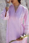Shop_Karaj Jaipur_Rose Gold Cotton Lace Split V-neck Pink Work Kurta And Pant Set _Online_at_Aza_Fashions