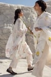 Karaj Jaipur_White Cotton, Kota Doria Mandarin Collar Hand Painted Kurta Pant Set _Online_at_Aza_Fashions