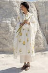 Buy_Karaj Jaipur_White Cotton, Kota Doria Embroidery Collared Hand Painted Kurta Set _at_Aza_Fashions