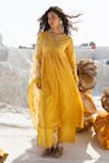 Buy_Karaj Jaipur_Lavender Cotton, Kota Doria Mirrors Lemon Yellow Anarkali Set With Dupatta _at_Aza_Fashions