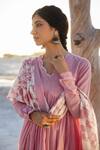 Karaj Jaipur_Pink Cotton, Kota Doria Mirrors Split V-neck Onion Work Anarkali Set _Online_at_Aza_Fashions