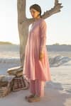 Shop_Karaj Jaipur_Pink Cotton, Kota Doria Mirrors Split V-neck Onion Work Anarkali Set _Online_at_Aza_Fashions