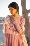 Karaj Jaipur_Pink Cotton, Kota Doria Mirrors Split V-neck Onion Work Anarkali Set _at_Aza_Fashions