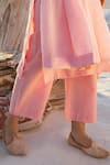 Karaj Jaipur_Pink Kota Doria, Cotton Sequins Round Neck Rose Work Kurta Set _Online_at_Aza_Fashions