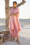 Buy_Karaj Jaipur_Pink Kota Doria, Cotton Sequins Round Neck Rose Work Kurta Set _at_Aza_Fashions