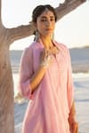 Karaj Jaipur_Pink Kota Doria, Cotton Sequins Round Neck Rose Work Kurta Set _at_Aza_Fashions