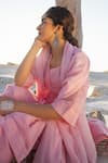 Buy_Karaj Jaipur_Pink Kota Doria, Cotton Sequins Round Neck Rose Work Kurta Set 