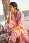 Shop_Karaj Jaipur_Pink Kota Doria, Cotton Sequins Round Neck Rose Work Kurta Set 