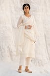 Shop_Karaj Jaipur_Off White Chanderi, Cotton Embroidery Round Neck Kurta Set 