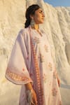 Karaj Jaipur_Pink Kota Doria, Cotton Patti, Mirrors Round Neck Pastel Kurta Set _Online_at_Aza_Fashions