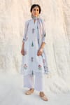 Buy_Karaj Jaipur_Blue Kota Doria, Cotton Patti, Mirrors Keyhole Powder Kurta Pant Set _at_Aza_Fashions