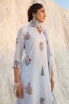 Karaj Jaipur_Blue Kota Doria, Cotton Patti, Mirrors Keyhole Powder Kurta Pant Set _Online_at_Aza_Fashions