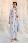 Shop_Karaj Jaipur_Blue Kota Doria, Cotton Patti, Mirrors Keyhole Powder Kurta Pant Set _at_Aza_Fashions