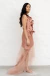 Chambray & CO._Pink Silk, Net Fabric Flowers Round Neck Hand Embroidered Dress _Online_at_Aza_Fashions