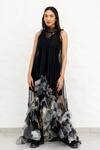 Shop_Chambray & CO._Black Net, Chanderi Silk Fabric Flowers Round Hand Embroidered Designer Dress _Online_at_Aza_Fashions