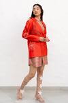 Buy_Chambray & CO._Red Chanderi Silk, Cotton Embroidery Shawl Neck, Collared Hand Dress Set _Online_at_Aza_Fashions
